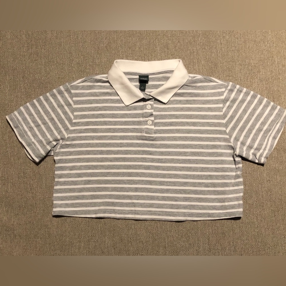 Wild Fable Cropped Polo Gray White Stipe Size Small